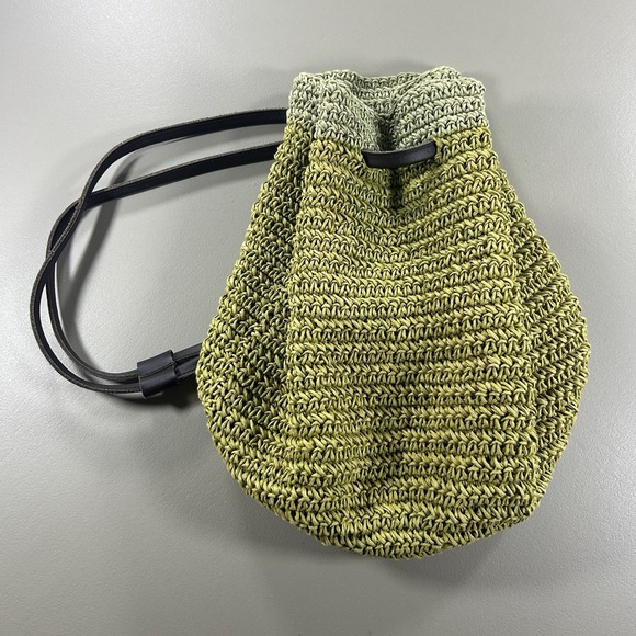 Eddie Bauer Boho Green Straw And Leather‎ Drawstring Backpack Braided - Picture 1 of 10